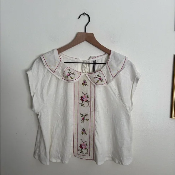 Anthropologie White Embellished Collard Cottage Embroidered Short Sleeve Medium - Picture 1 of 4